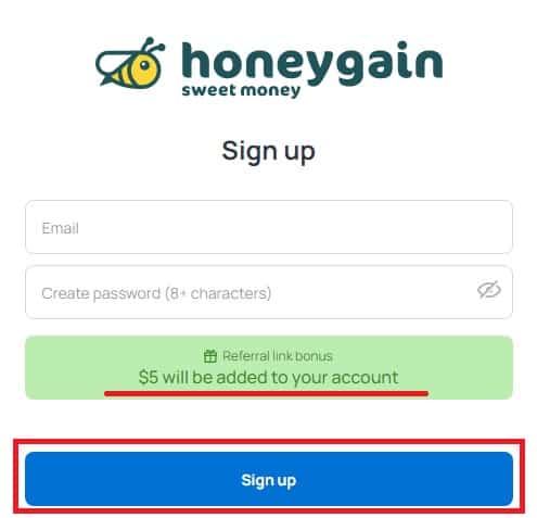 Honeygain sign up পেজ