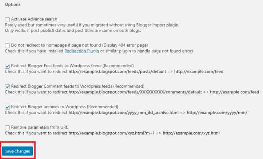 blogger 301 redirect plugin settings