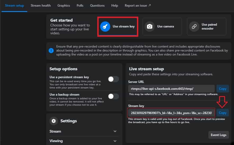 ফেসবুক থেকে stream key কপি করুন